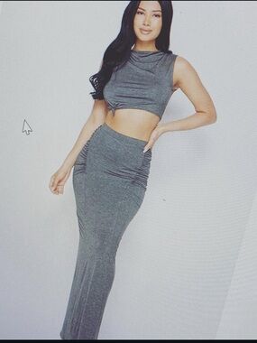 High-Waist Ruched Maxi Skirt set- Gray